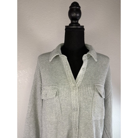 Aerie Lumberjane Waffle Knit Button Down Shirt grey Oversized Long Sleeve Top M - Picture 4 of 7